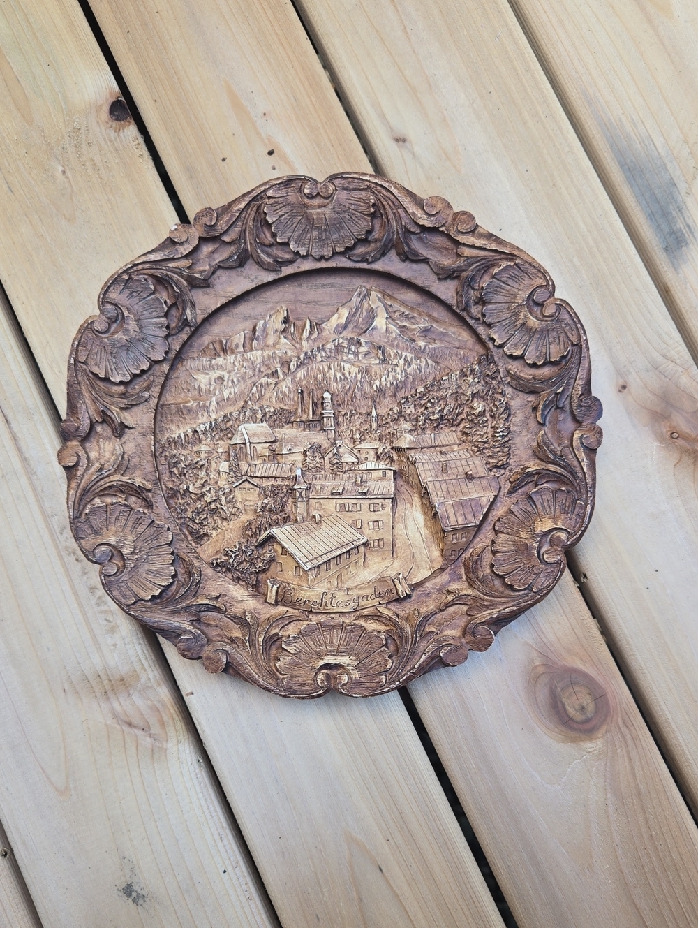 Hand-Carved Brown Decorative Wall Plaque - Rustic Village Scene